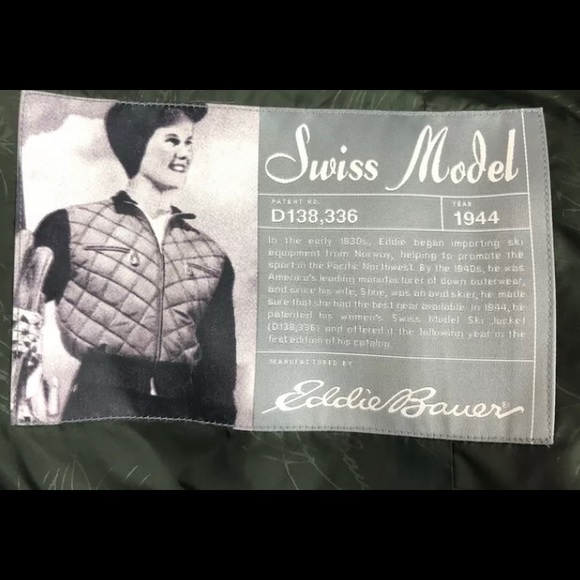 EDDIE BAUER Down Jacket Remake of 1944 Swiss Jacket Green Puffer Hood - Picture 4 of 5